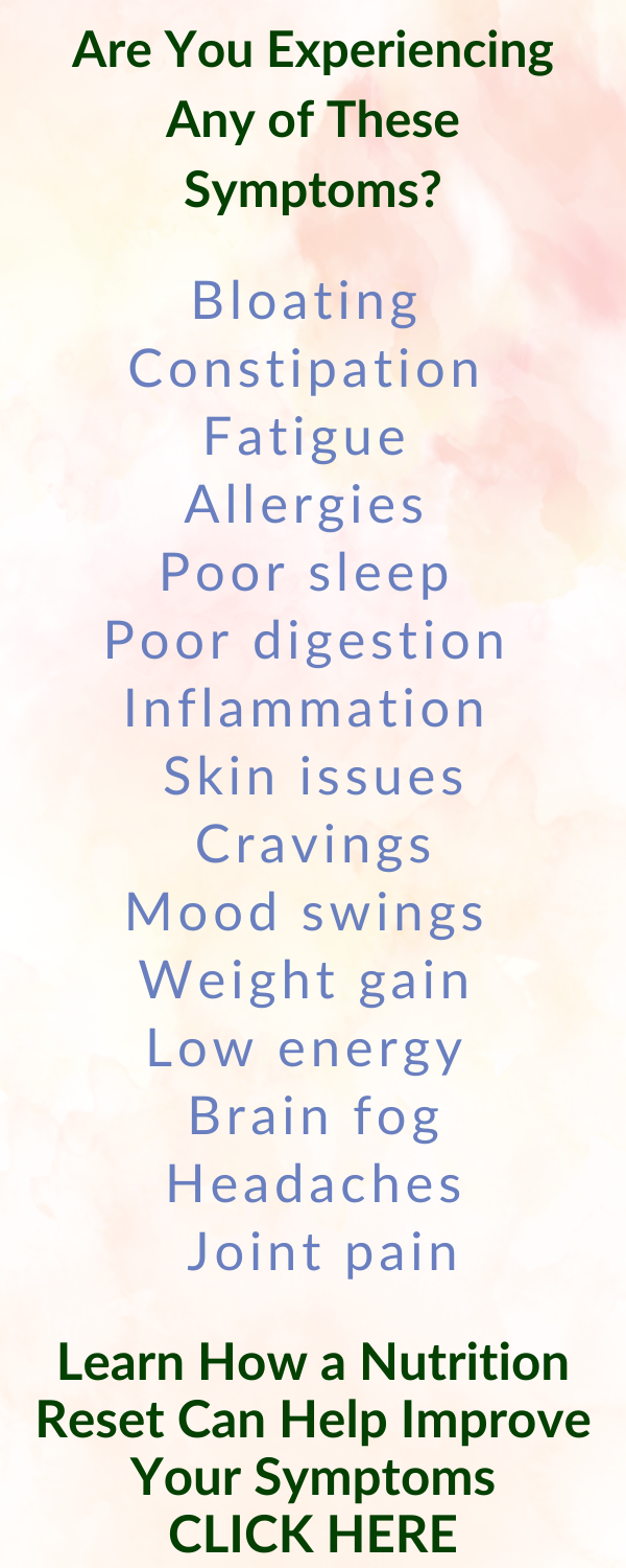 A colorful infographic listing common health symptoms like bloating, fatigue, and headaches with a call to action at the bottom encouraging a nutrition reset to improve these symptoms.