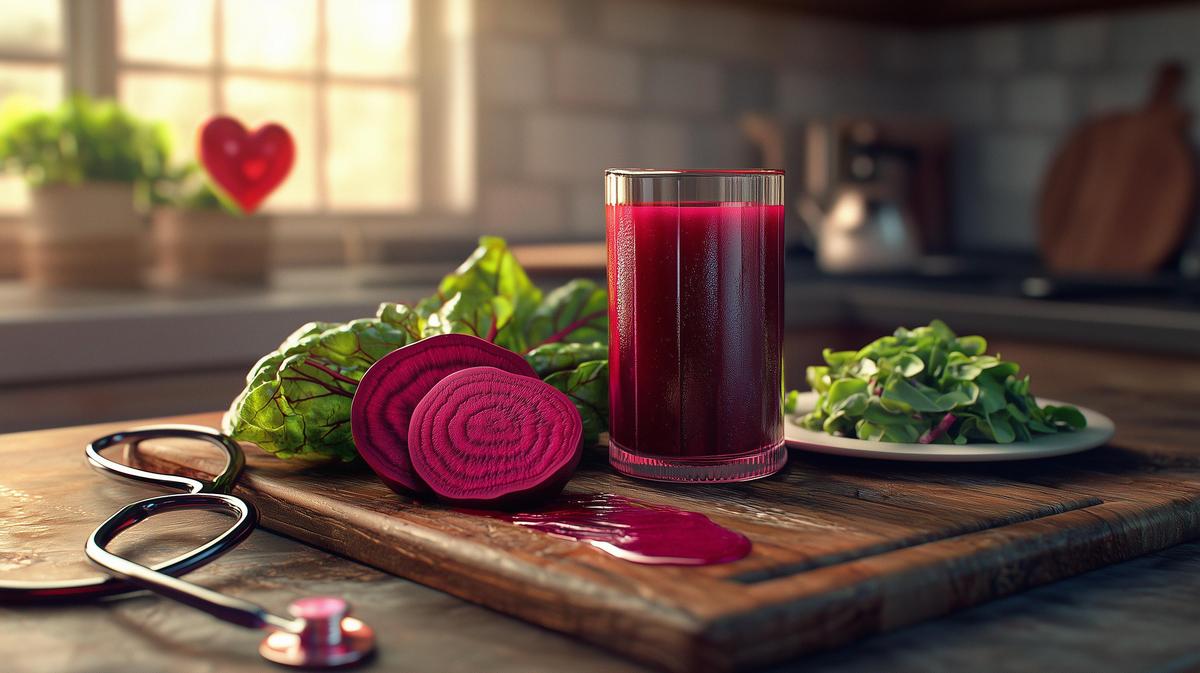 Freshly harvested beets with dew, stethoscope, and heart model symbolizing cardiovascular health.