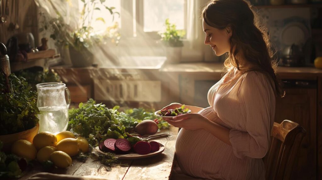 Pregnant woman enjoying beetroot smoothie, surrounded by fresh beetroots in soft sunlight.