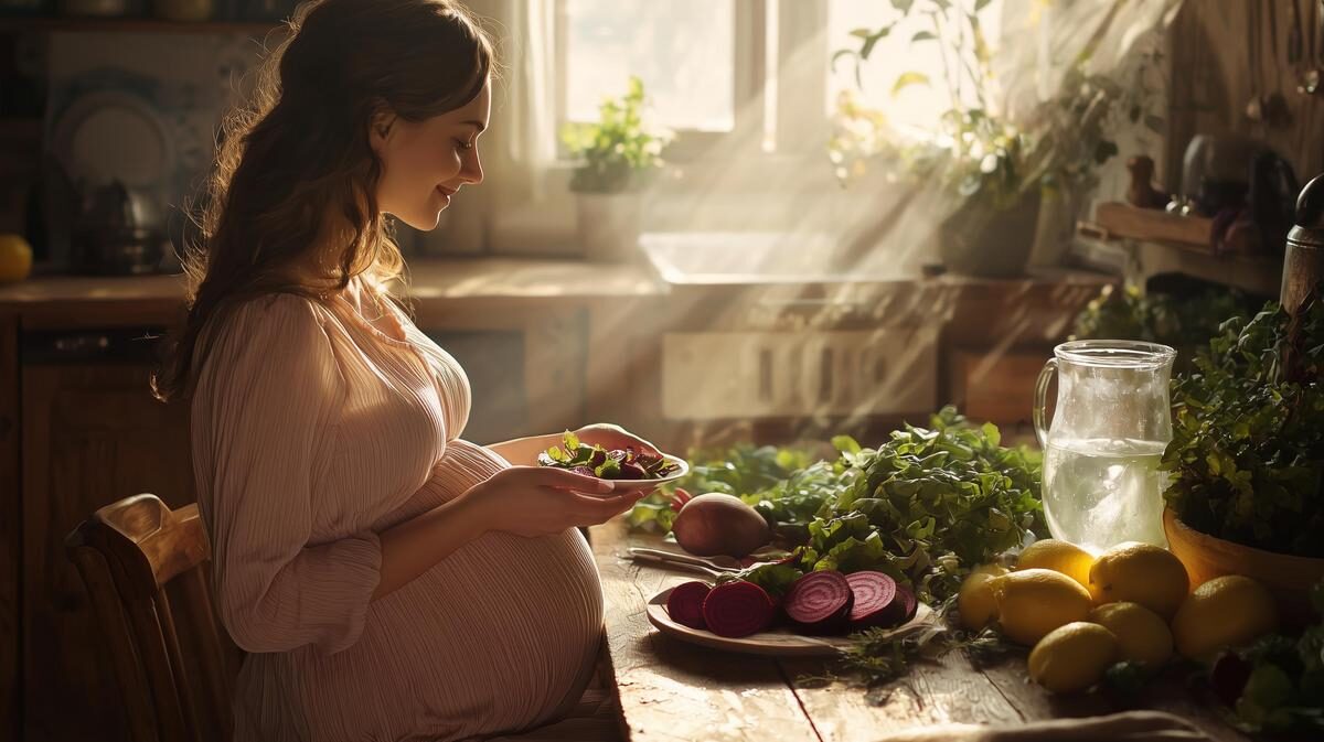 Pregnant woman enjoying beetroot smoothie, surrounded by fresh beetroots in soft sunlight.