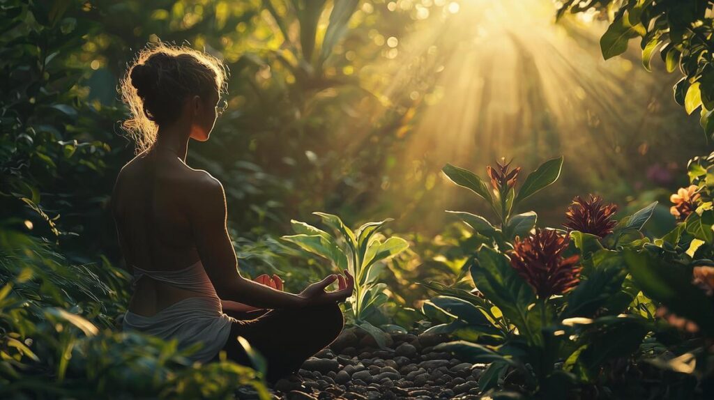 A serene woman meditating amidst Ayurvedic elements and lush plants, embodying holistic wellness.