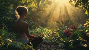 A serene woman meditating amidst Ayurvedic elements and lush plants, embodying holistic wellness.