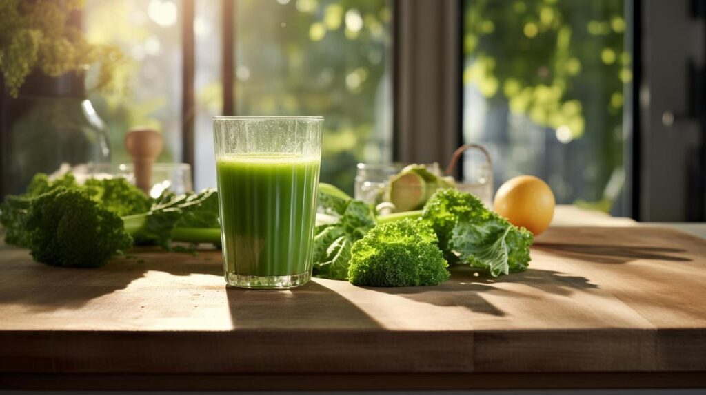 Alt text: Green juice glass on marble table, promoting weight loss and skin health. health benefits of green juice
