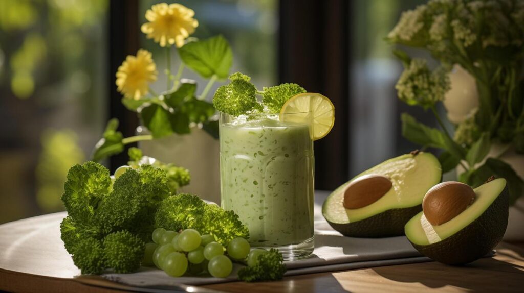 Image of a glass of green juice with fresh fruits and vegetables.