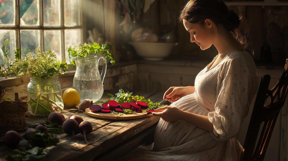 Pregnant woman enjoying beetroot salad at sunlit table, embracing serenity and healthy living.