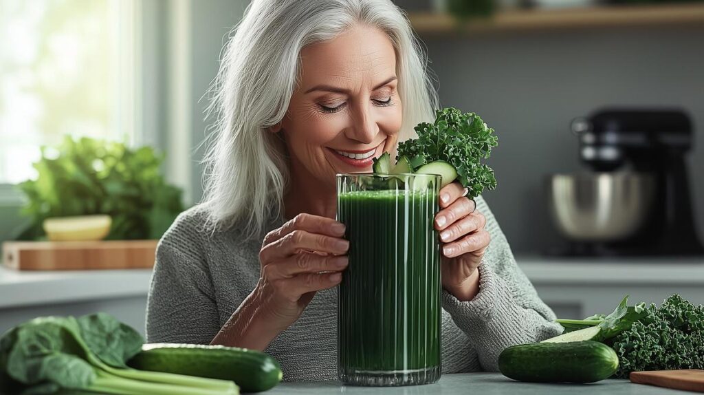 A vibrant green juice on rustic countertop surrounded by fresh produce, glowing in daylight. 