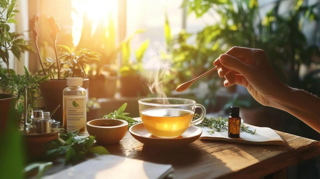 A serene wellness scene featuring Ashwagandha tea, tincture, powder, and calming natural elements.