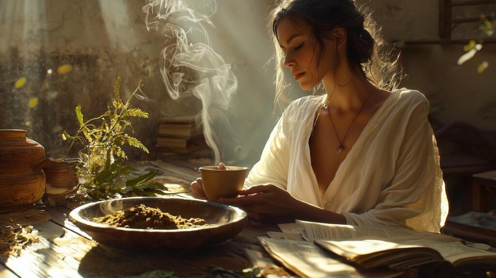 A serene woman holding herbal tea, surrounded by Ayurvedic elements in golden sunlight.