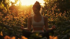 A serene woman meditates in a sunlit herbal garden, surrounded by blooming ashwagandha.