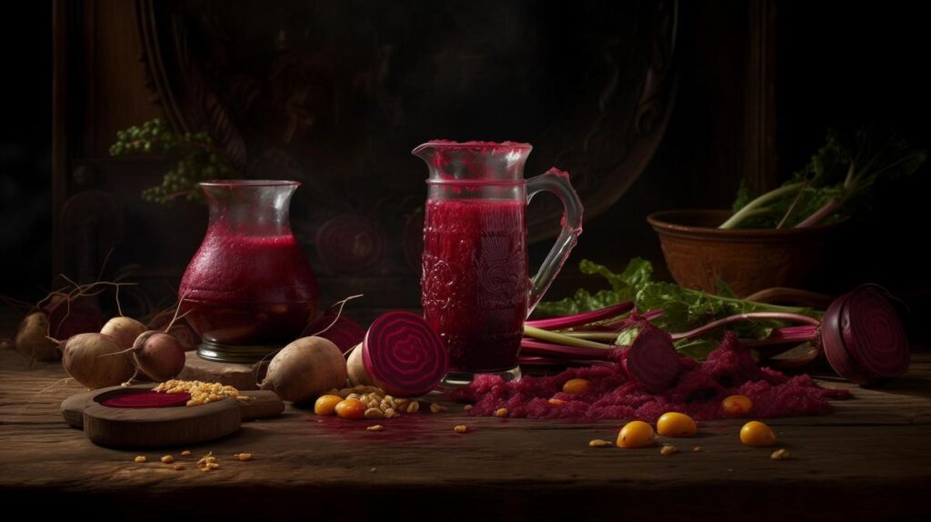 A woman enjoys beetroot juice, symbolizing vitality and anemia relief, in a serene kitchen.