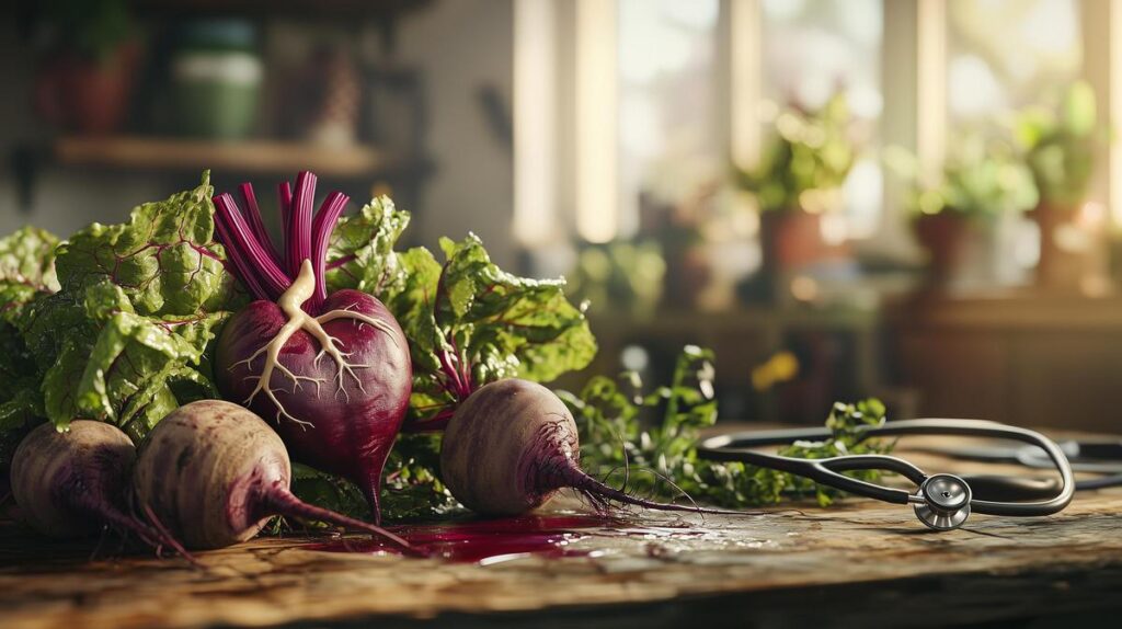 Alt text: Freshly sliced beetroot on rustic cutting board, surrounded by heart health symbols, sunlight illuminating.