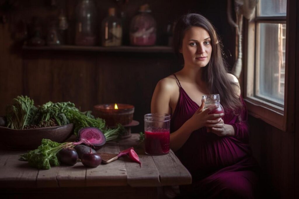 A serene pregnant woman enjoying fresh beetroot and leafy greens in rustic sunlight. Beetroot benefits during pregnancy