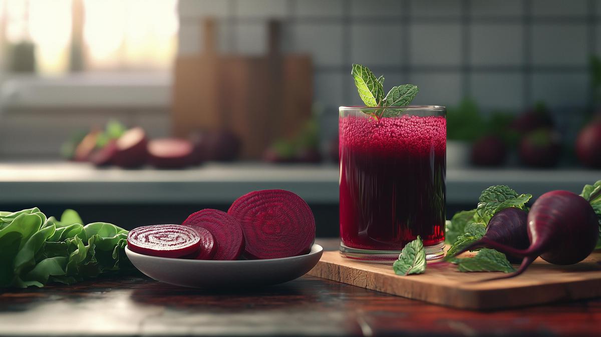 Alt text: Freshly sliced beetroot with juice, mint garnish, and rustic organic vegetables in background.