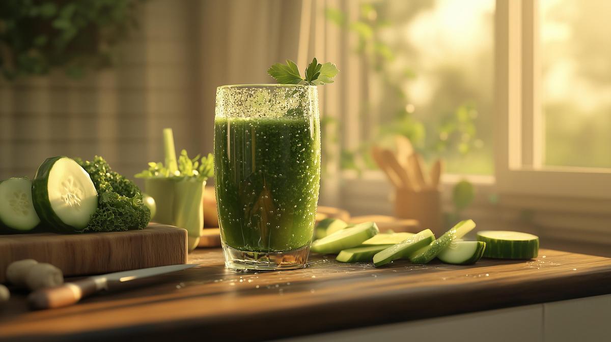 A chilled glass of green juice on a wooden counter surrounded by fresh ingredients.