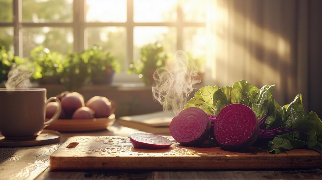 A rustic breakfast scene with sliced beetroot, herbal tea, and golden morning light. beetroot juice for anemia