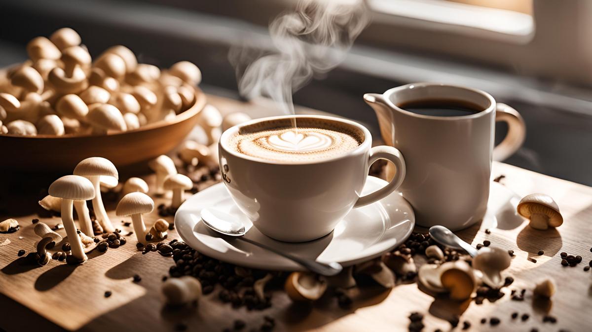 A steaming cup of mushroom coffee on rustic table, surrounded by mushrooms and herbs.