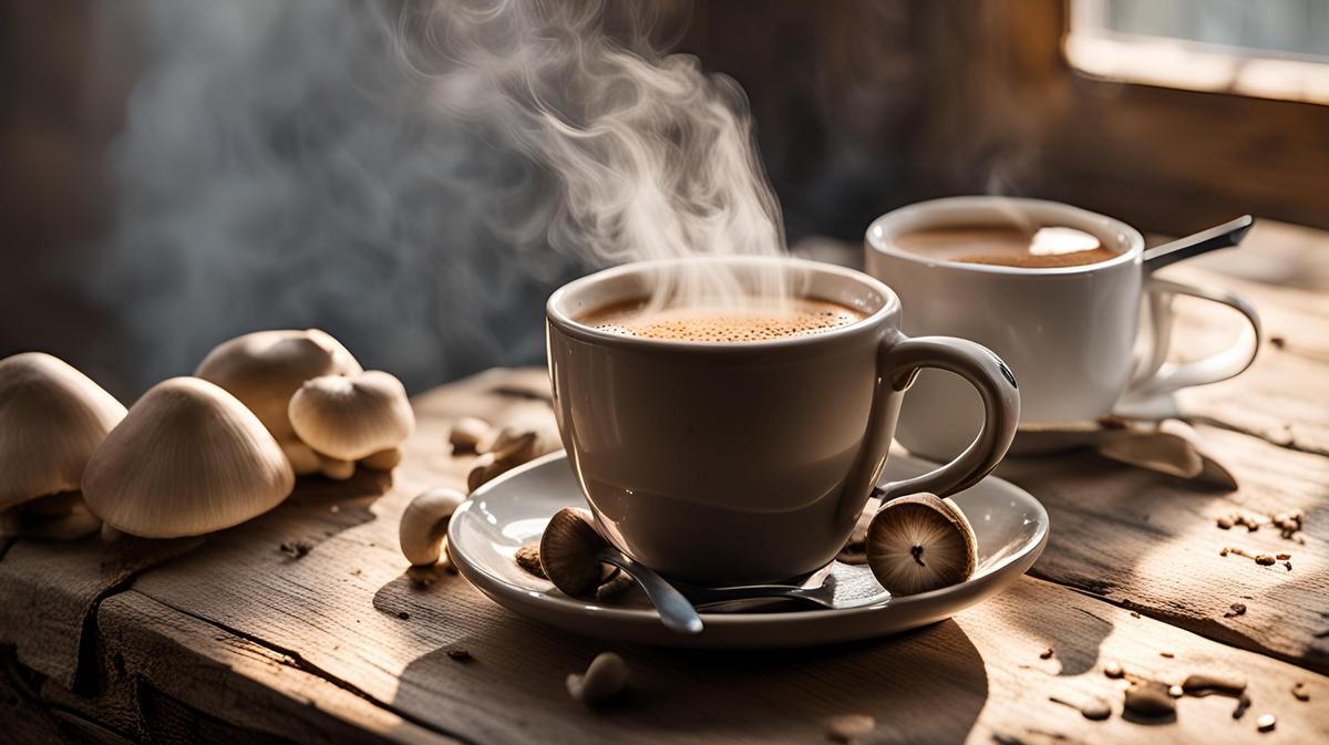 Steaming mushroom coffee on a rustic table with mushrooms, notepad, and grinder nearby.