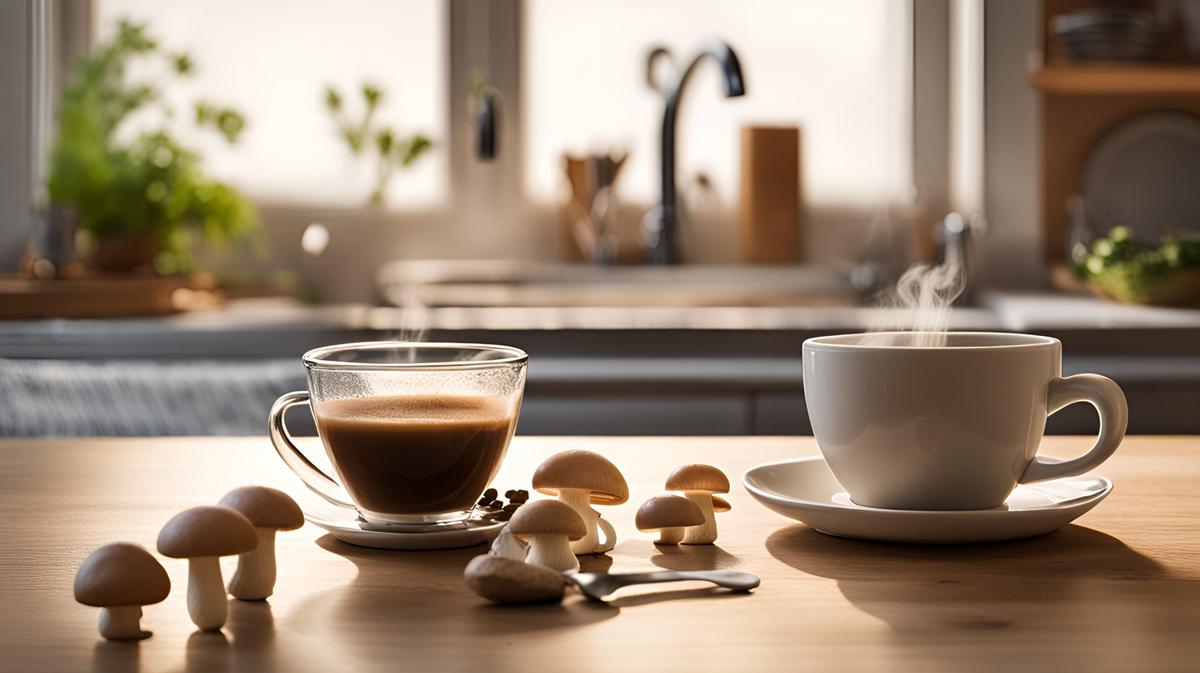 A rustic table with mushroom coffee, fresh mushrooms, and fitness items in soft light.