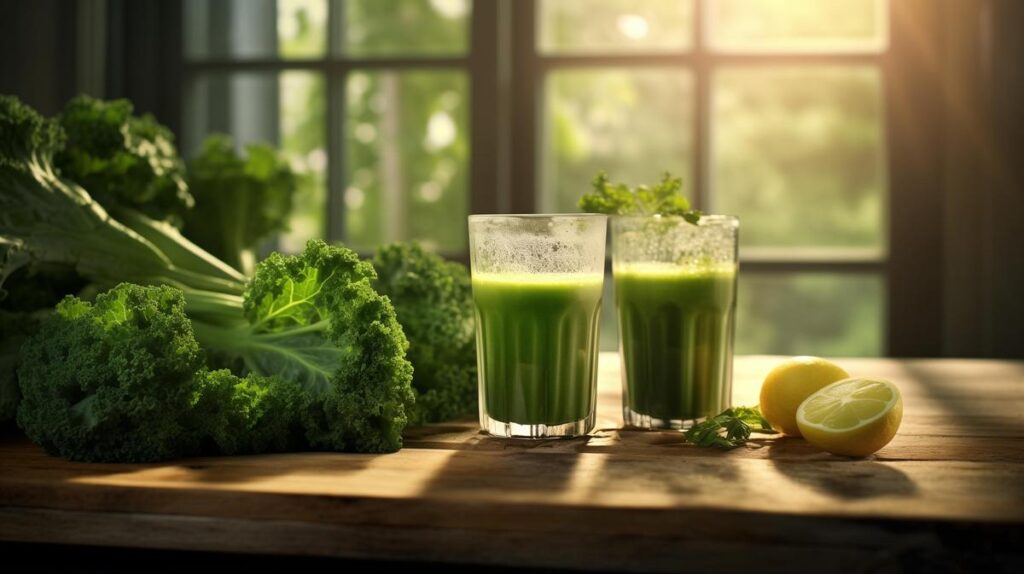 A serene morning kitchen with vibrant green juice amidst fresh, natural ingredients and sunlight.