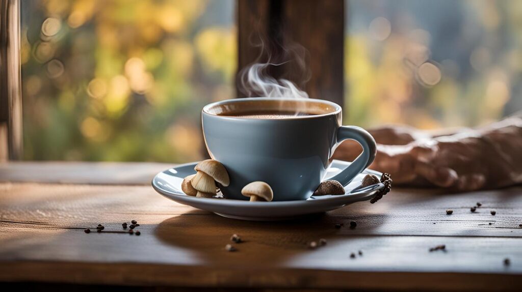 Alt text: Mushroom coffee promoting health and digestive benefits, a natural blend.