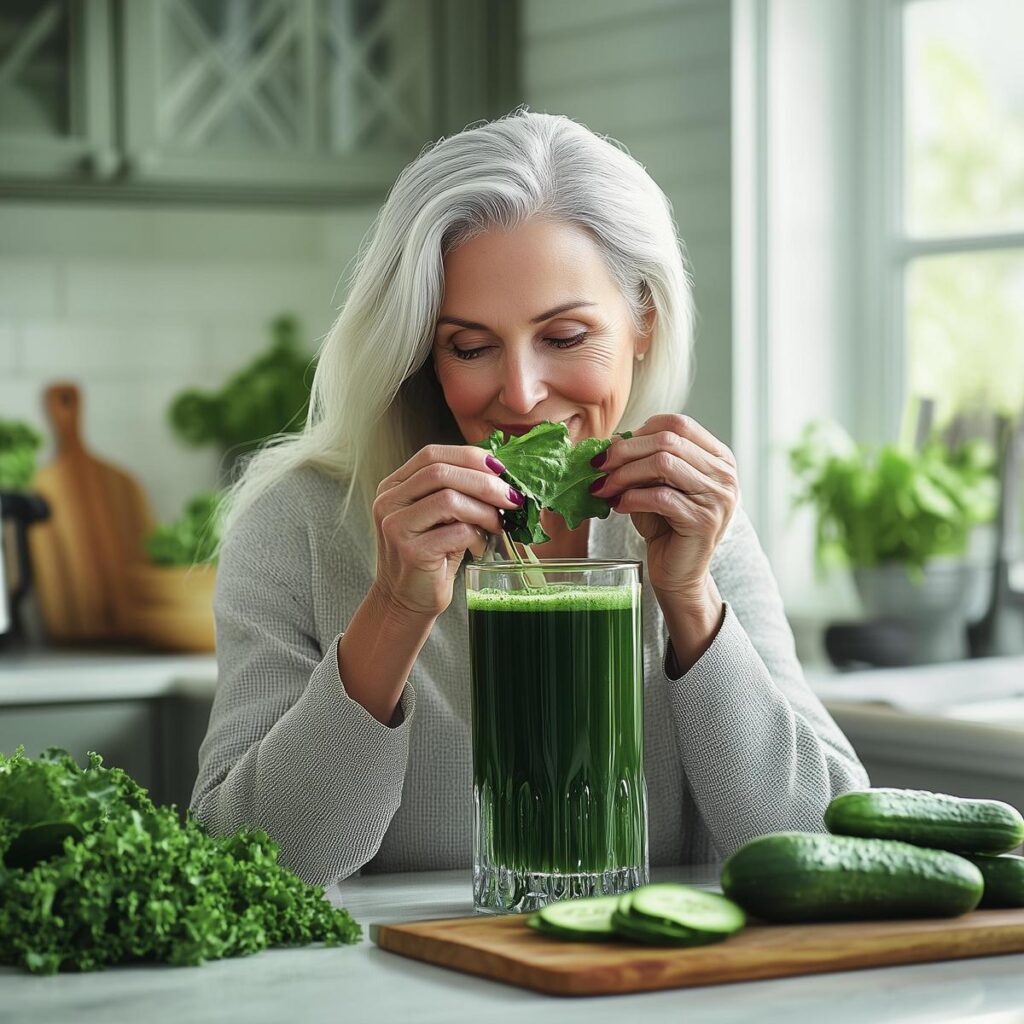 Alt text: "Image showing various green vegetables and fruits, promoting health benefits of green juice." Green juice benefit