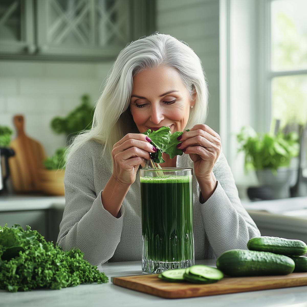 Alt text: "Image showing various green vegetables and fruits, promoting health benefits of green juice."