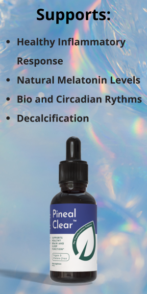 A dropper bottle of Pineal Clear supplement against an iridescent background, highlighting its support for healthy inflammatory response, natural melatonin levels, bio and circadian rhythms, and decalcification.