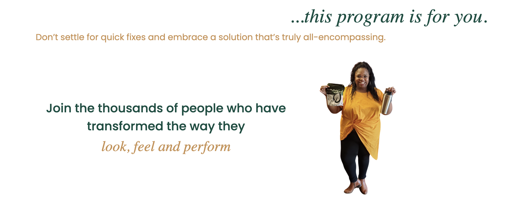 A joyful person holding a shaker and a nutrition product, promoting a comprehensive health program.