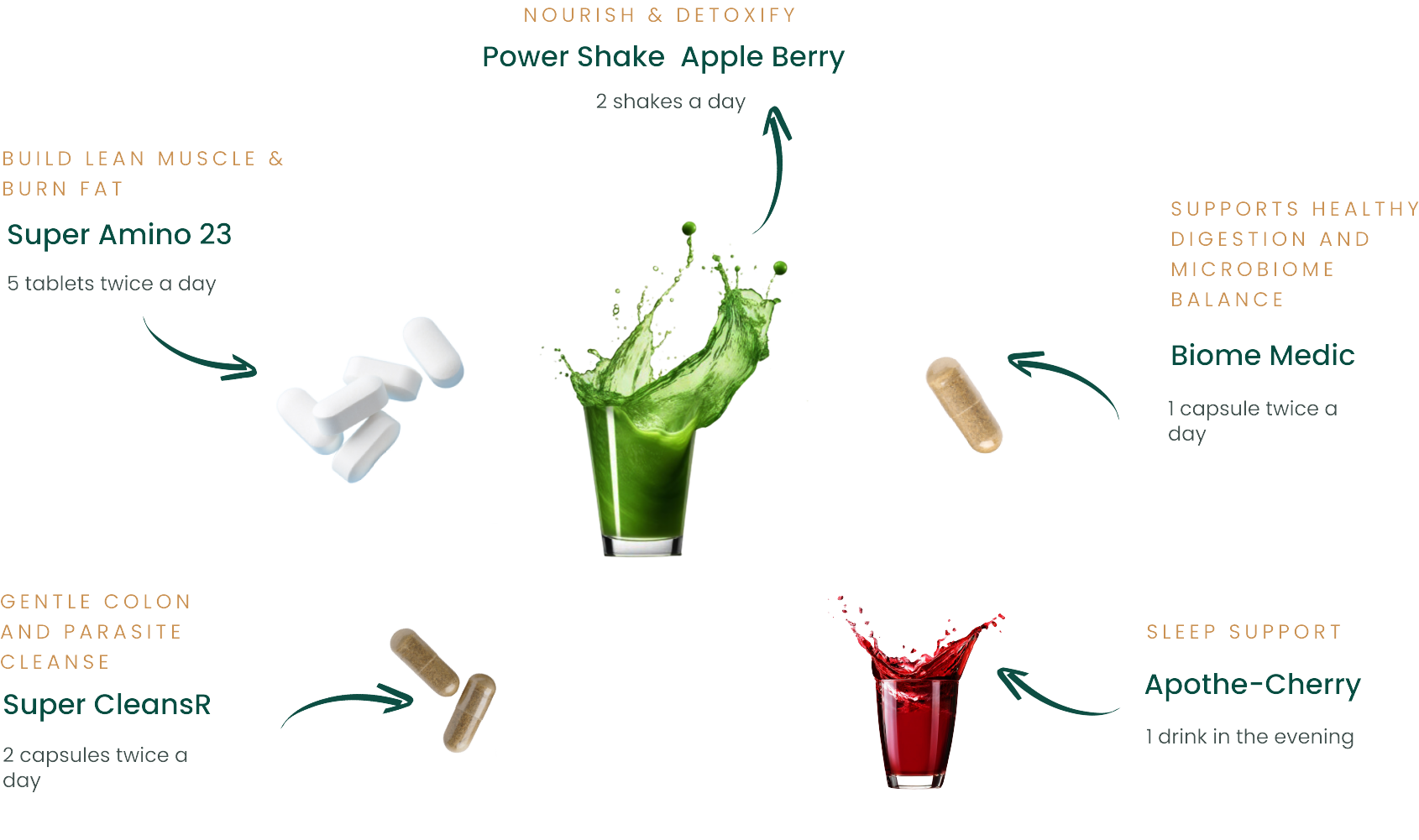Image showcasing various wellness supplements including drinks and capsules for muscle building, digestion support, and sleep enhancement, with product details.