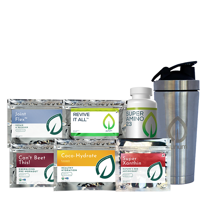 An arrangement of health products on a wooden tray labeled with benefits: Rejuvenate, Nourish, Detox, Cleanse, and Build.