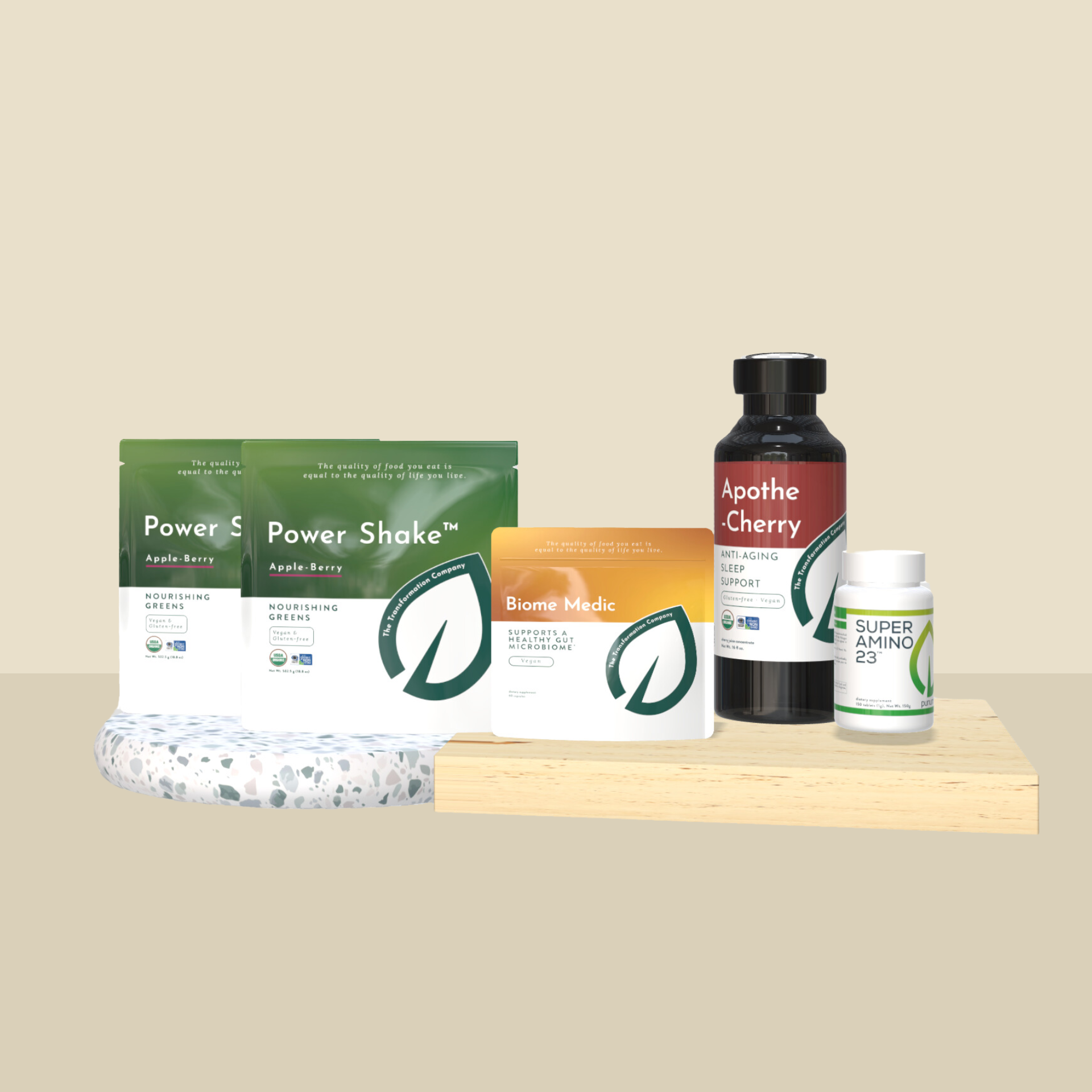An arrangement of health products on a wooden tray labeled with benefits: Rejuvenate, Nourish, Detox, Cleanse, and Build.